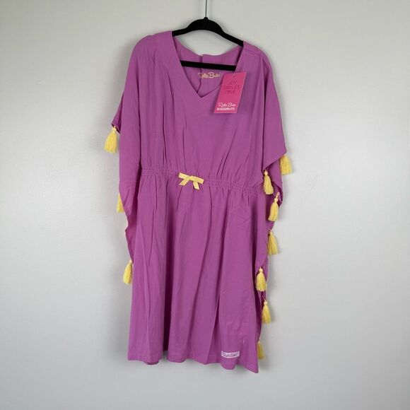 NWT RuffleButts Girls Woven Kaftan Pom Pom Poncho Swimsuit Cover-Up Size 6/7 - Picture 1 of 4